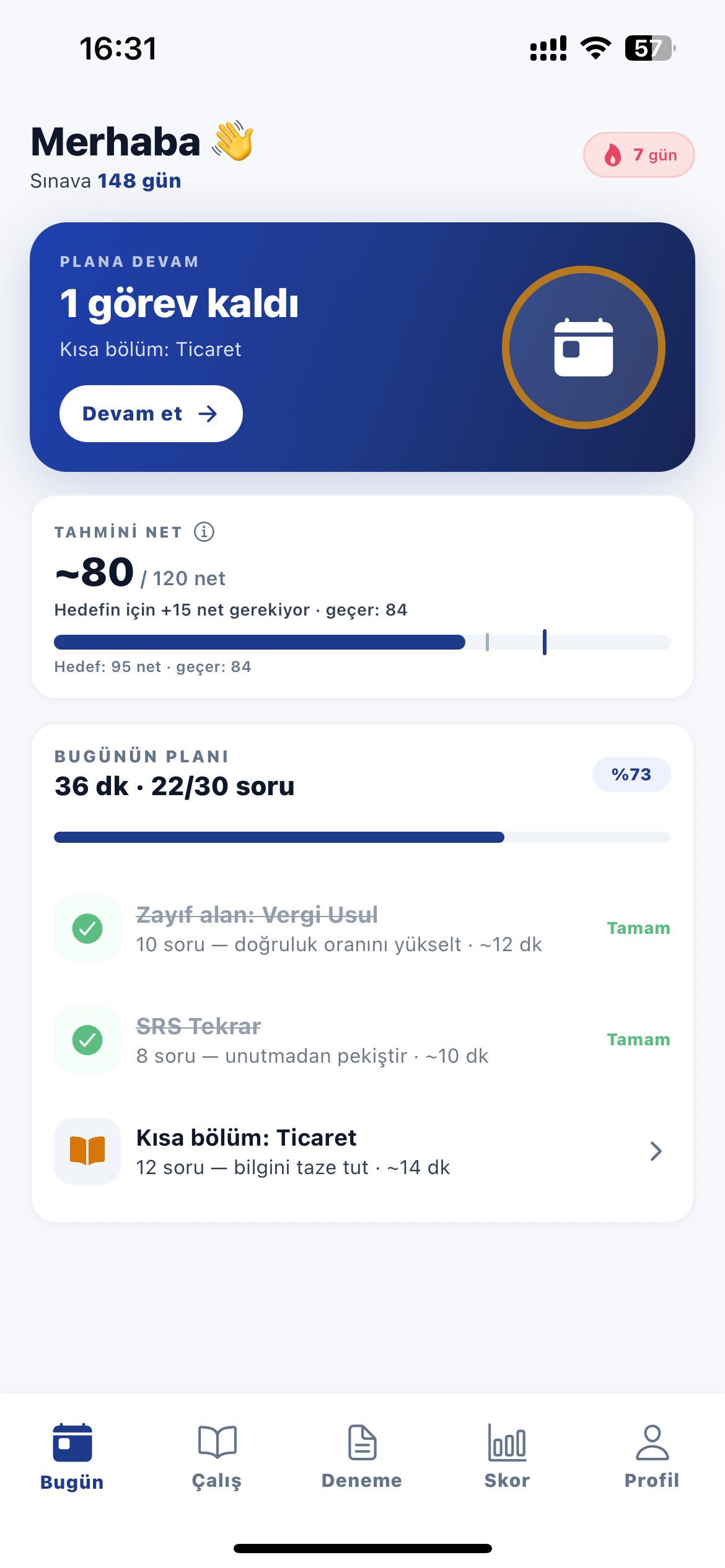 HMGS Kamp ana ekranında tahmini net ve günlük çalışma planı