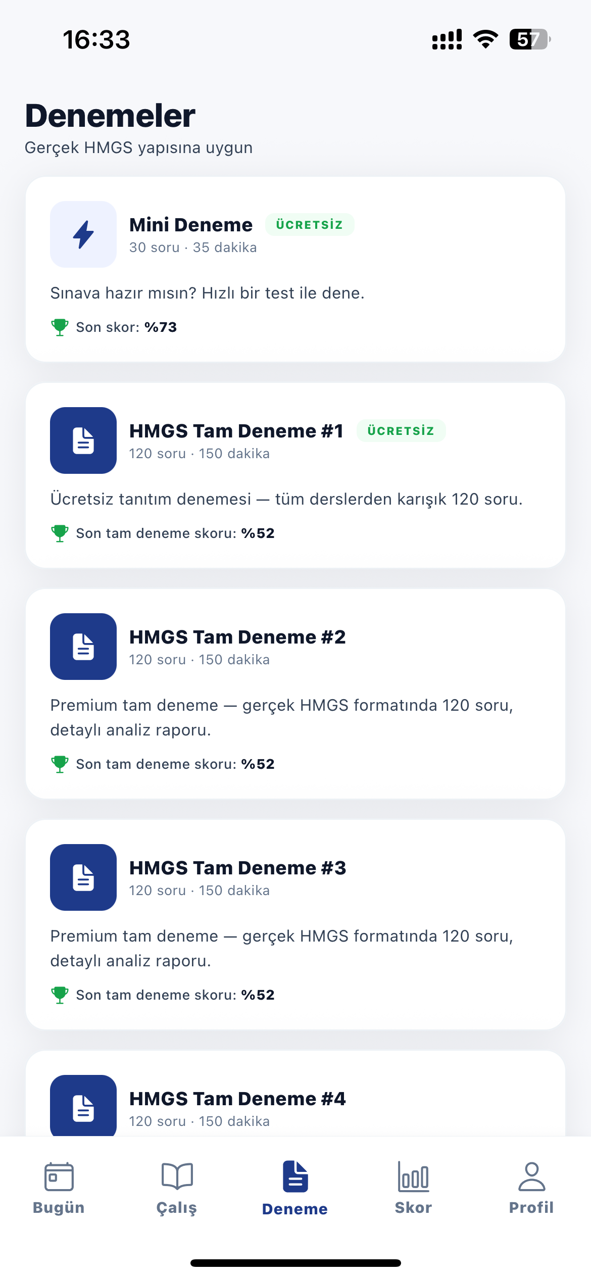 HMGS Kamp süreli deneme ve net takibi ekranı